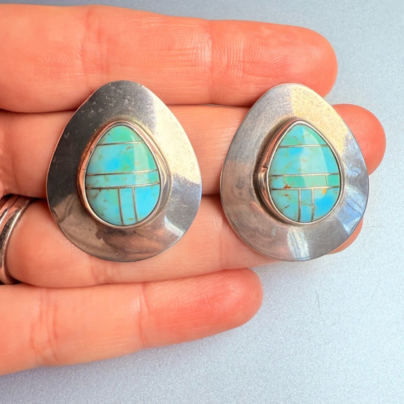 Native American Navajo Turquoise Inlay Large Pierced Sterling Silver Earrings - Picture 4 of 5